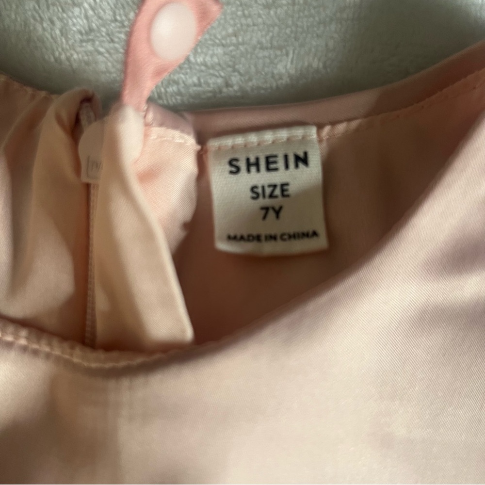 SHEIN Girls Light Pink Satin Flower Appliqué Detachable Bow Dress Kids Sz 7 - Picture 2 of 7